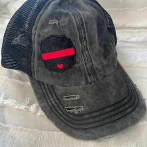 Women’s Black Distressed Cap with thin Red Line (firefighter love) ❤️